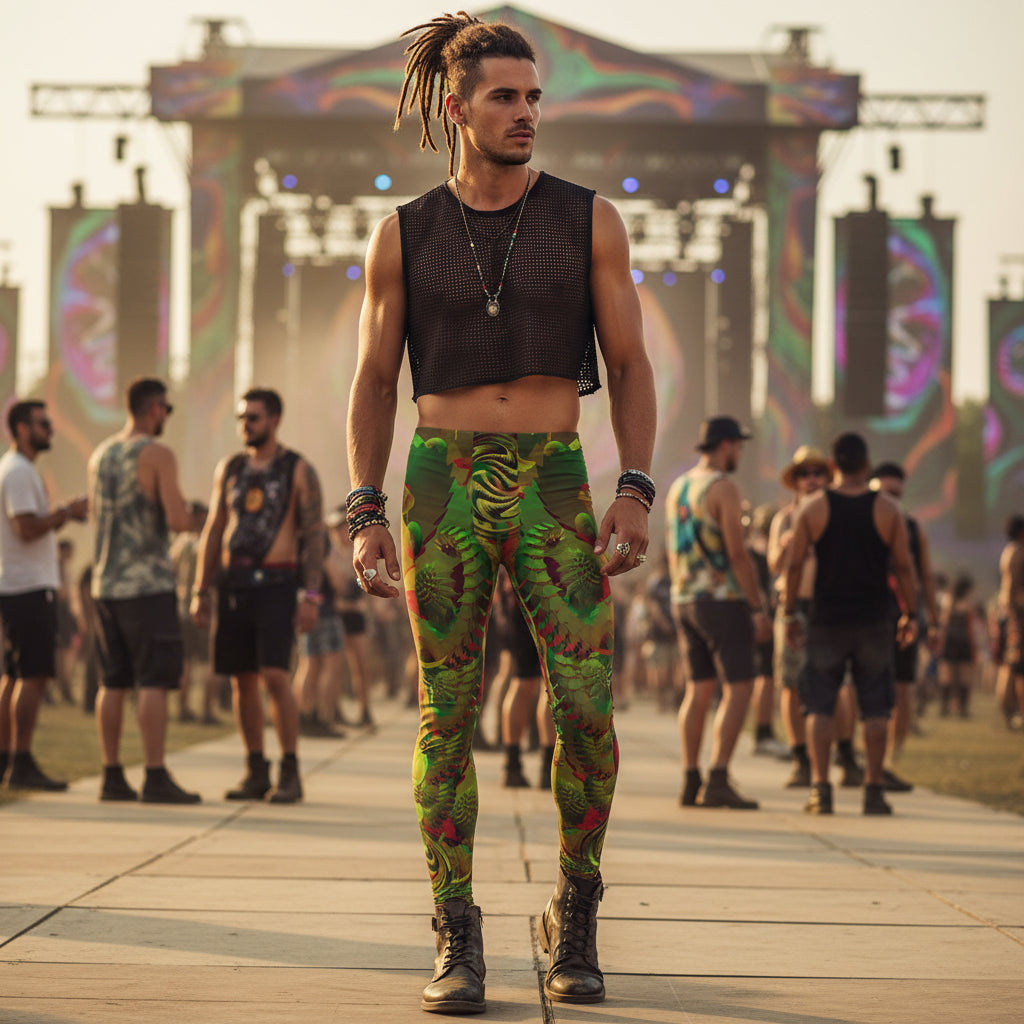 Shroom Flower of Life Green Men's Festival Leggings detail view with spiritual style