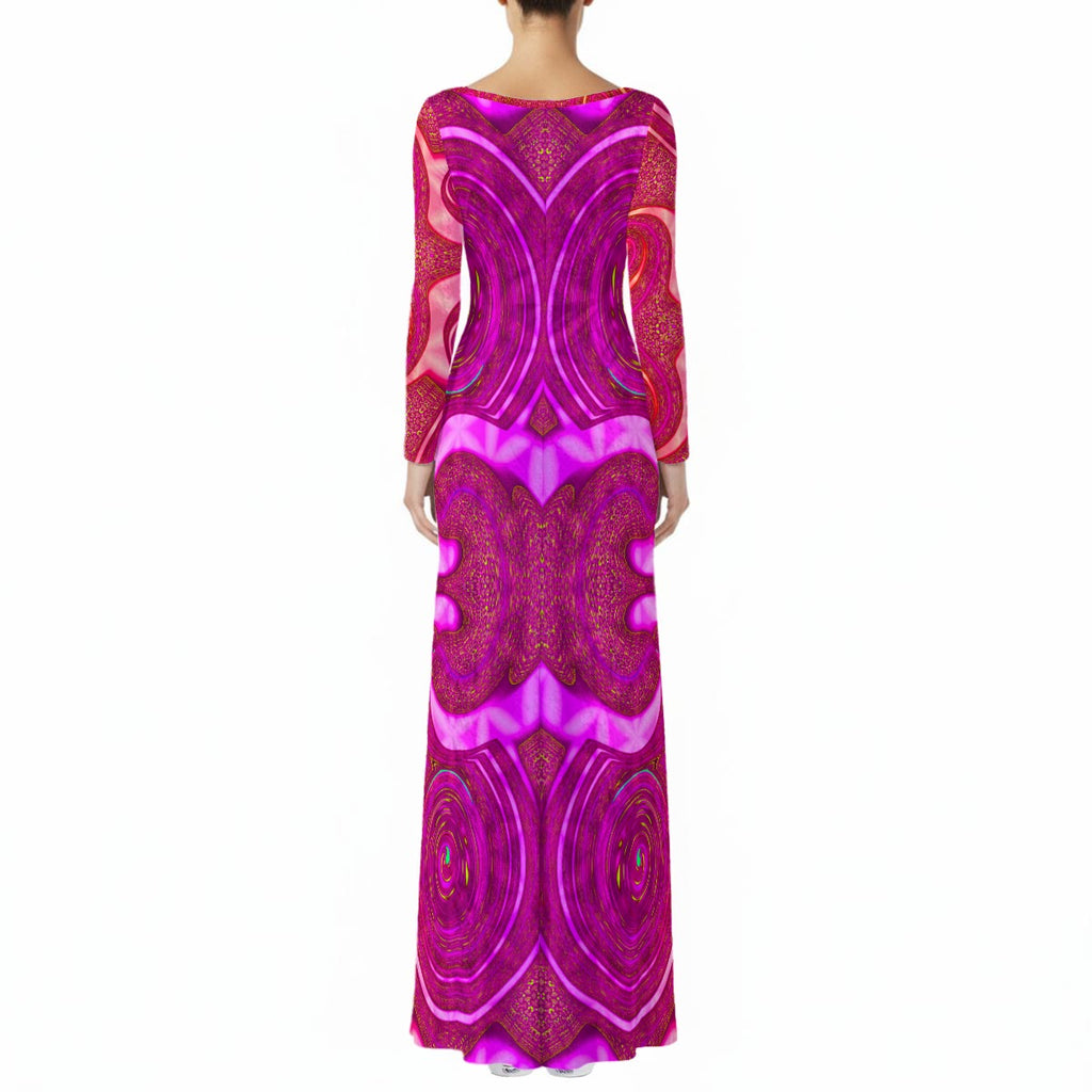 Psy Swirl Pink women's long sleeve crushed velvet dress side view with pink festival style