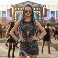 The Watchtowers women's sheer mesh bodycon dress front view with psychedelic pattern