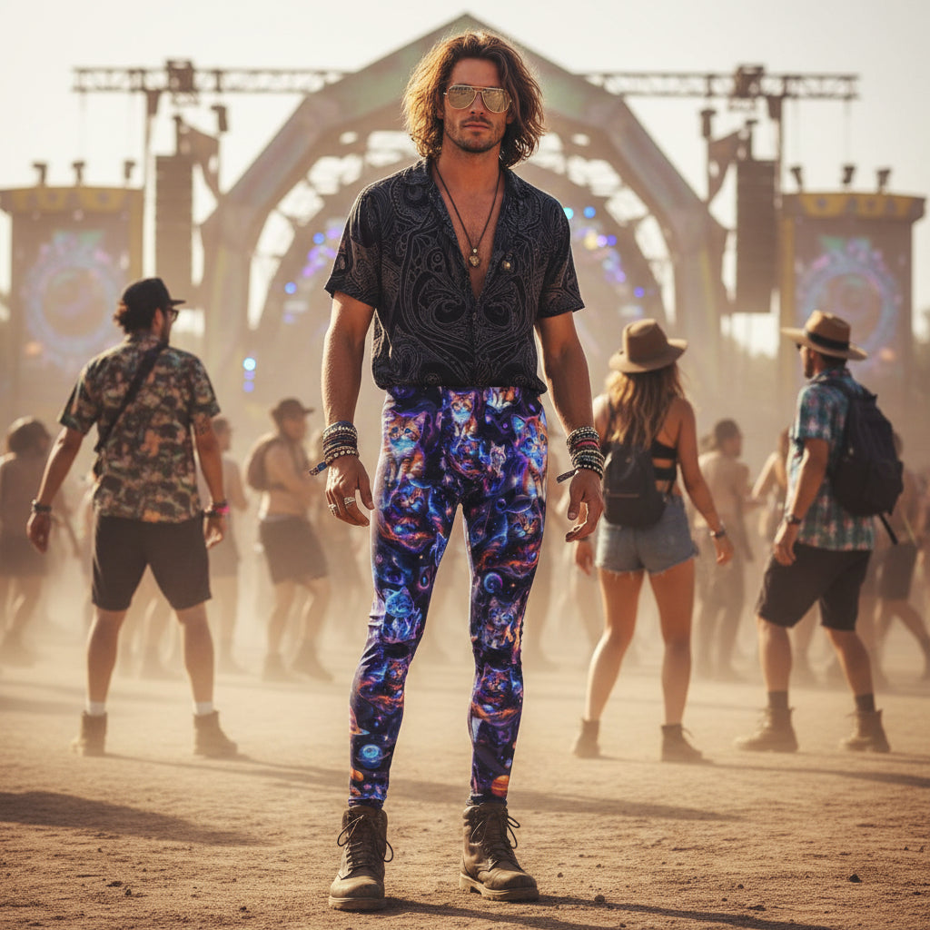 Cosmic Space Cats Men's Festival Leggings back view with EDM festivals