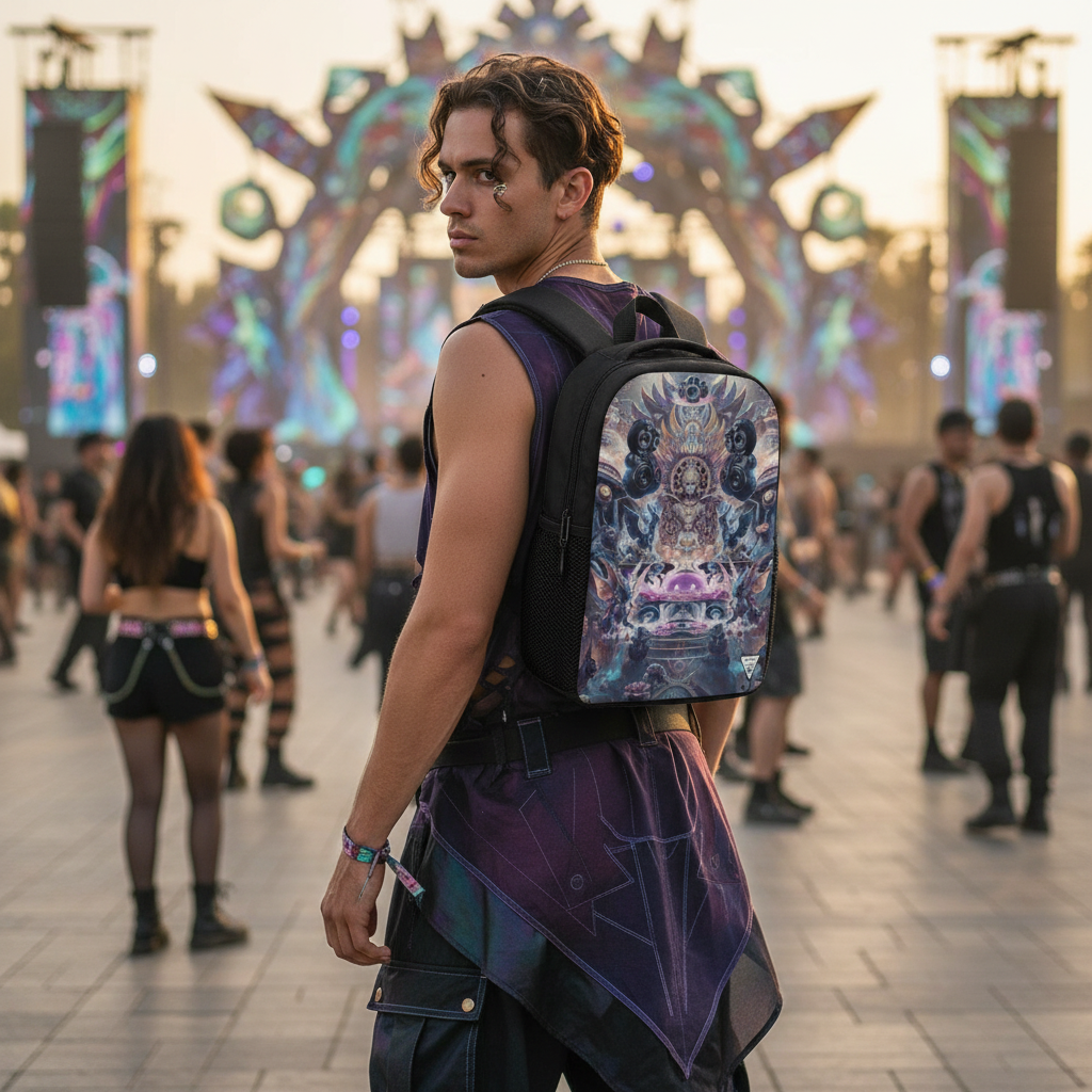 Temple of Sound festival backpack side view with trippy visionary design