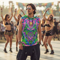 Psy Tribal Shroom men's sleeveless hoodie front view with psychedelic mushroom pattern