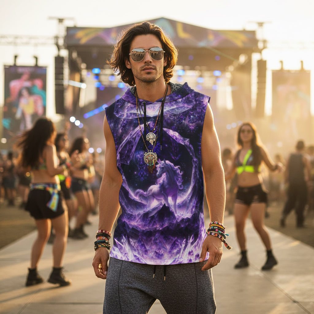 Amethyst Unicorn men's sleeveless rave hoodie detail view with trippy design