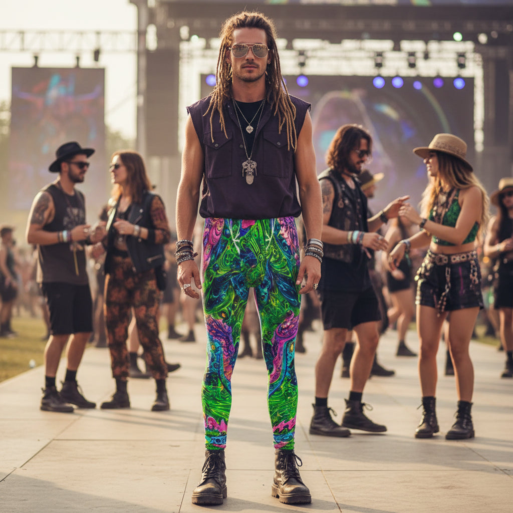 Psy Tribal Shroom Men's Festival Leggings side view with sacred geometry art