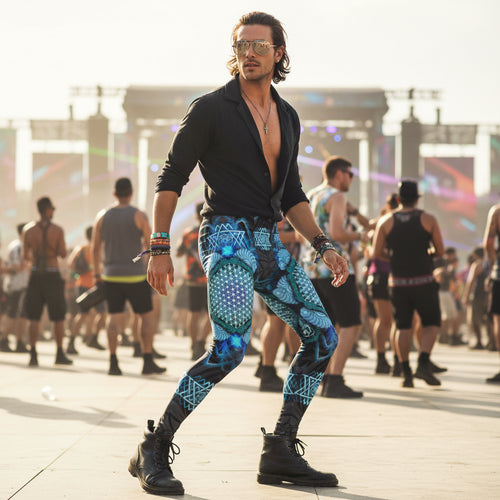 Angel Catcher Men's Festival Leggings side view with trippy visionary art