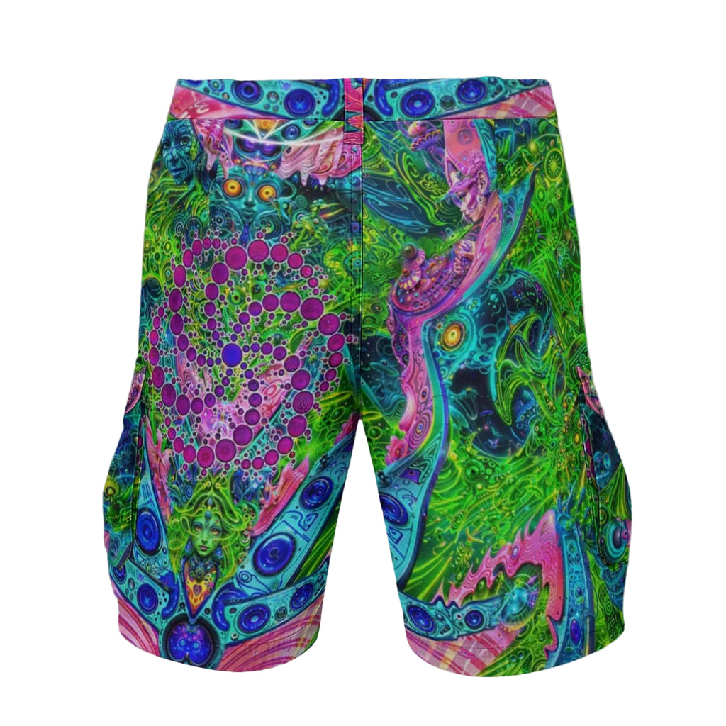 Psy Tribal Shroom men's cargo shorts side view with trippy rave style