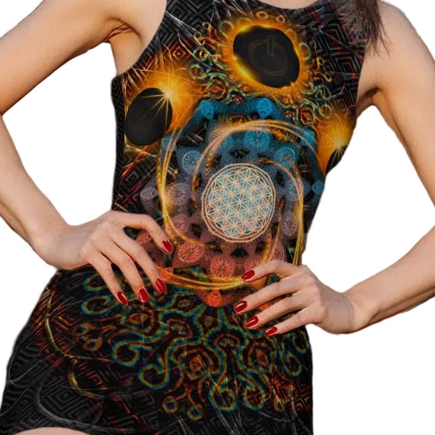Solar Eclipse women's festival bodycon dress back view with eclipse pattern