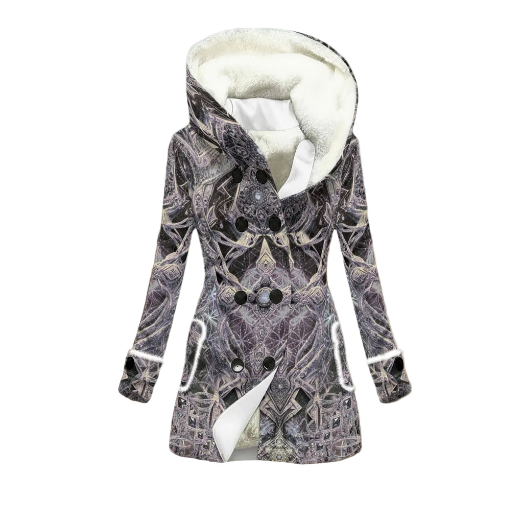 Cosmic Cross Silver women's winter coat front detail with double-breasted outerwear styling