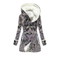 Cosmic Cross Silver women's winter coat front detail with double-breasted outerwear styling