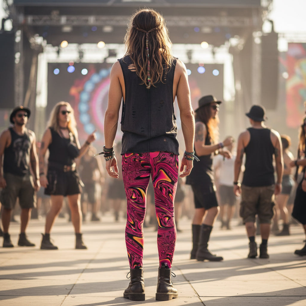 Fuchsia Swirl Men's Festival Leggings side view with psychedelic art