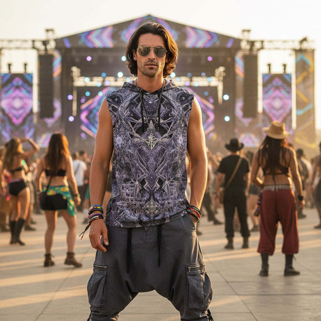 Cosmic Cross Silver men's sleeveless hoodie front view with silver psychedelic pattern