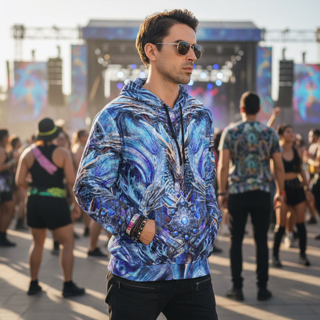 Crushed Velvet Pullover Hoodie | Electric Dragonscape