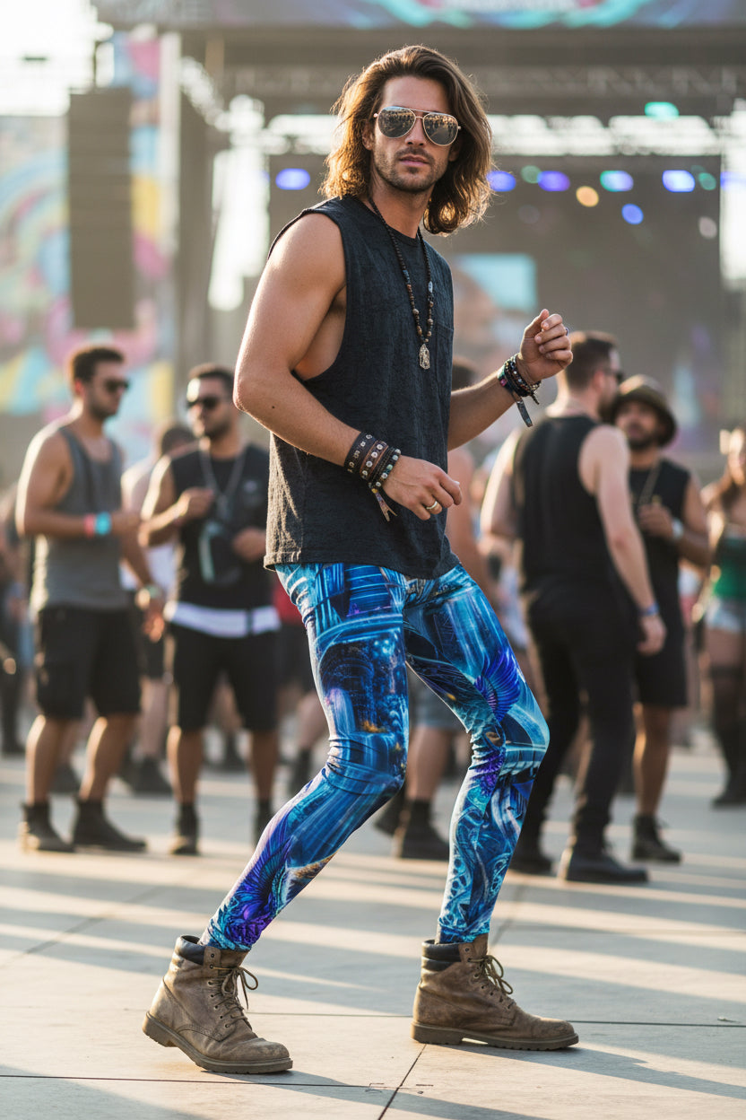 Dreamweaver Men's Festival Leggings detail view with statement activewear