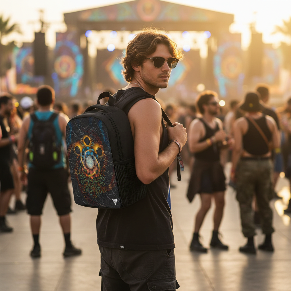 Solar Eclipse festival backpack side view with trippy visionary design