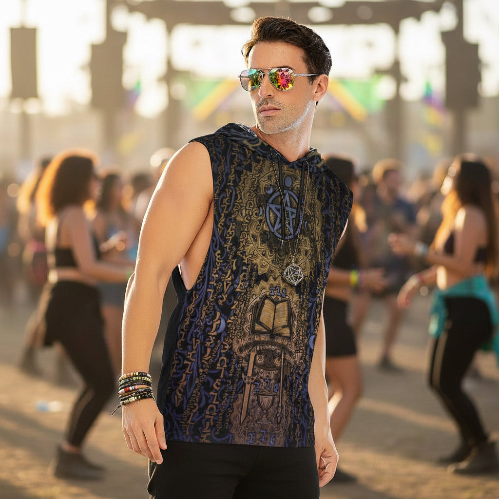 Enochian Vision men's sleeveless rave hoodie detail view with sacred geometry design