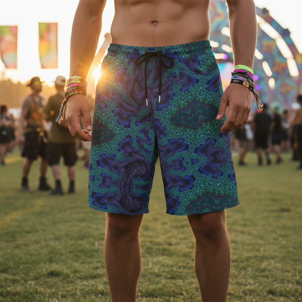 Blue Feathery Fractal Unisex Cotton Shorts