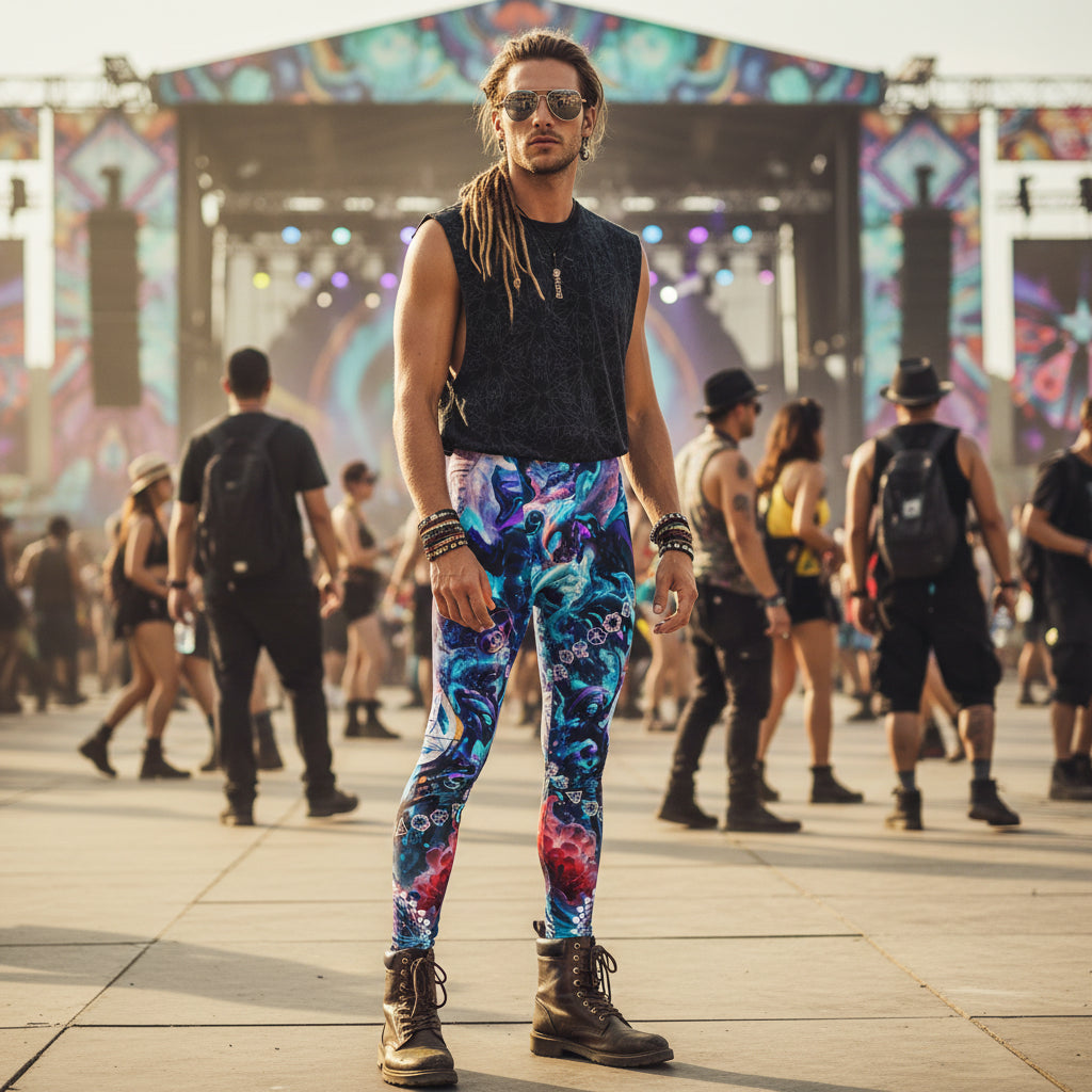 Alien Cyber Punk Mech Men's Festival Leggings front view with men's leggings