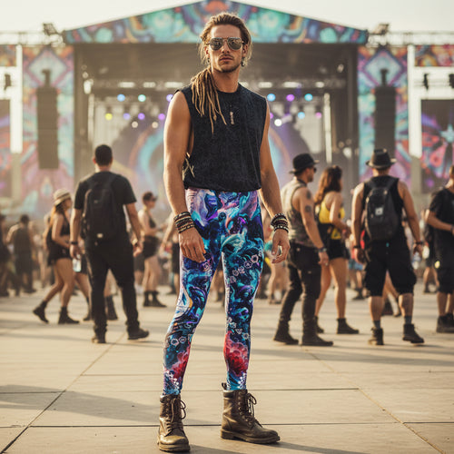 Alien Cyber Punk Mech Men's Festival Leggings front view with men's leggings