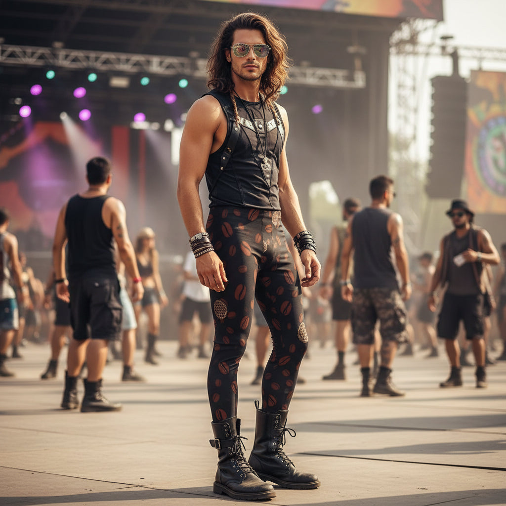 Sacred Grounds Men's Festival Leggings detail view with rave culture