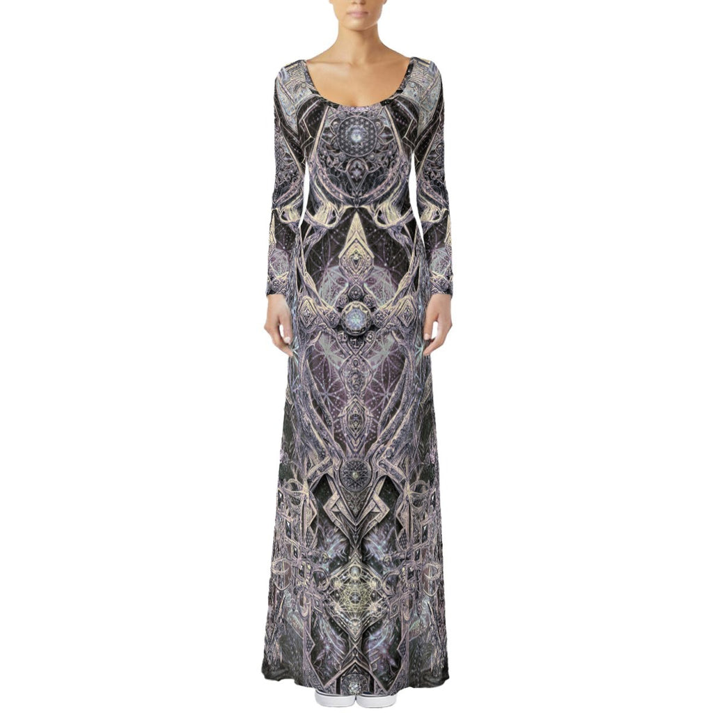 Cosmic Cross Silver women's crushed velvet maxi dress front view with silver sacred geometric pattern