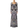 Cosmic Cross Silver women's crushed velvet maxi dress front view with silver sacred geometric pattern