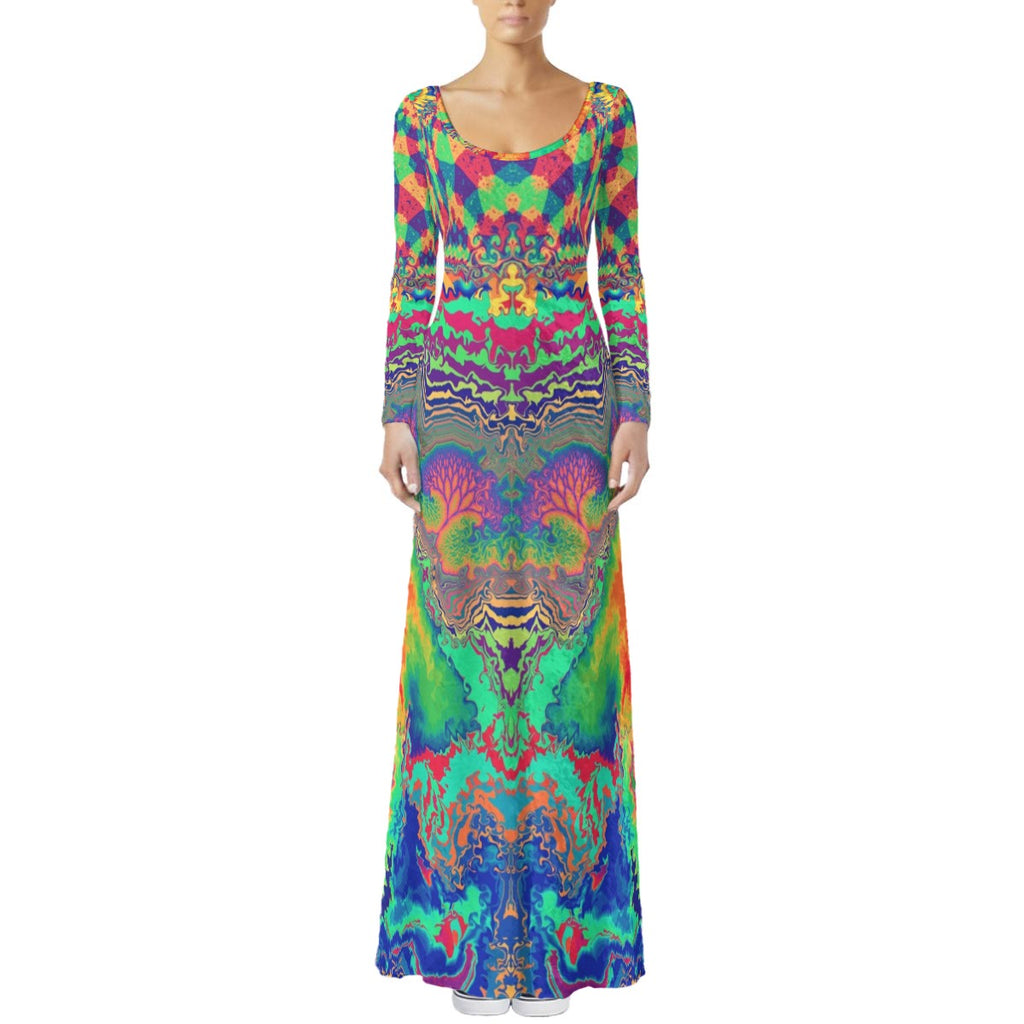 Acid Melt women's crushed velvet maxi dress front view with psychedelic acid pattern