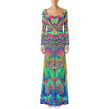 Acid Melt women's crushed velvet maxi dress front view with psychedelic acid pattern
