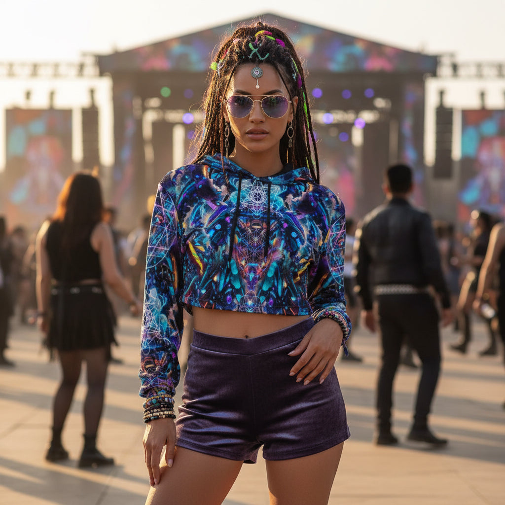 Cyber Punk Mech women's crushed velvet crop top detail with cyberpunk pattern