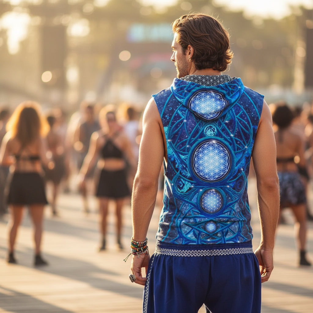 Mystic Eye Blue men's hooded tank side view with visionary art print