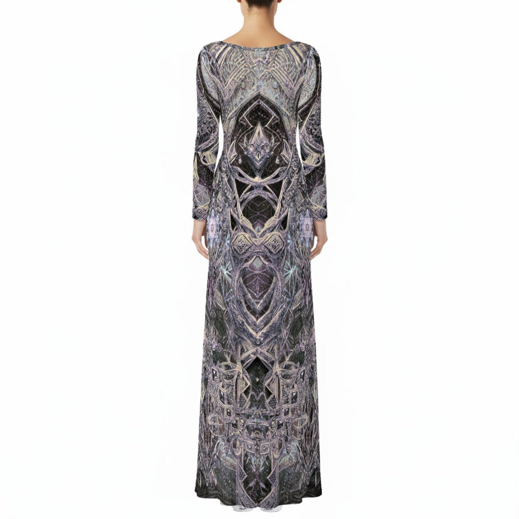 Cosmic Cross Silver women's long sleeve velvet dress side view with silver festival style