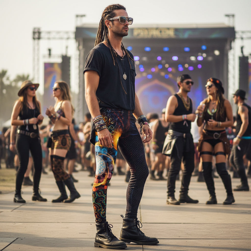 Solar Eclipse Men's Festival Leggings back view with rave outfits