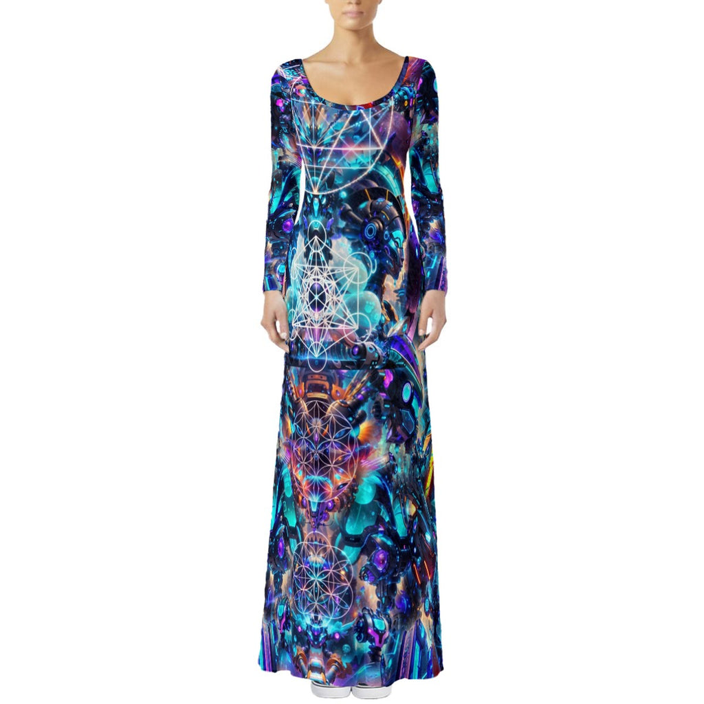 Cyber Punk Mech women's crushed velvet maxi dress front view with cyberpunk psychedelic pattern