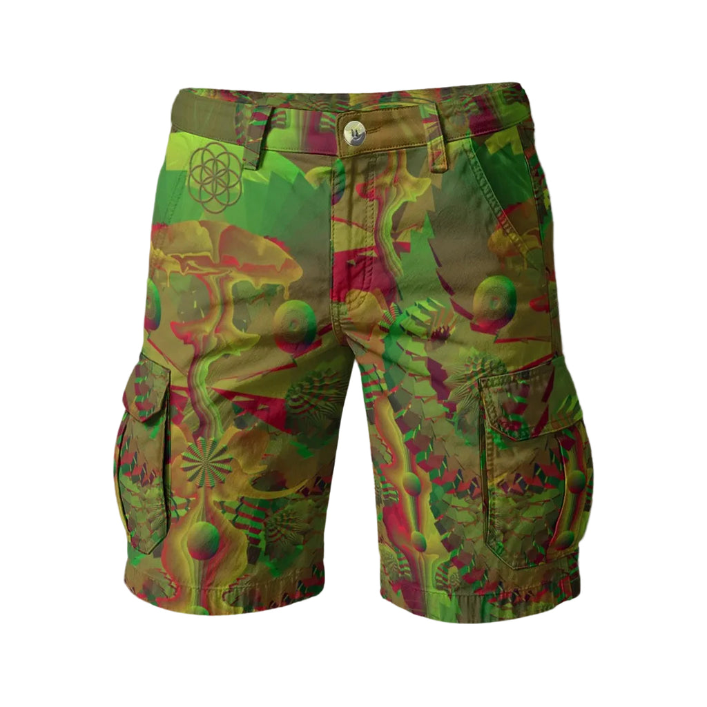 Shroom Flower of Life Green men's cargo shorts side view with trippy rave style