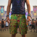 Shroom Flower of Life Green men's cargo shorts side view with trippy rave style