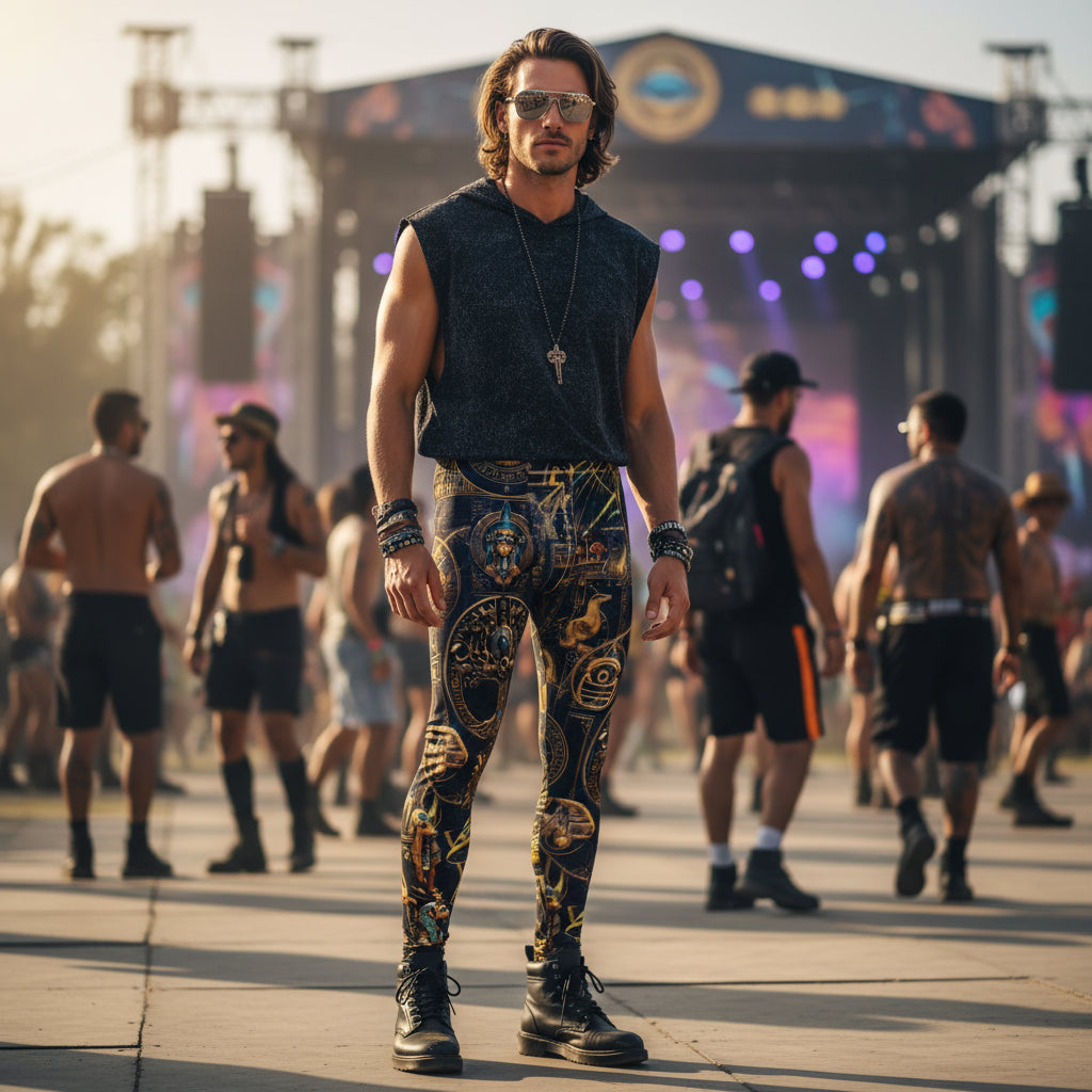 Egyptian Atlantis Men's Festival Leggings front view with rave tights