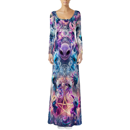 Alien Dimensions women's crushed velvet maxi dress front view with psychedelic alien-inspired pattern