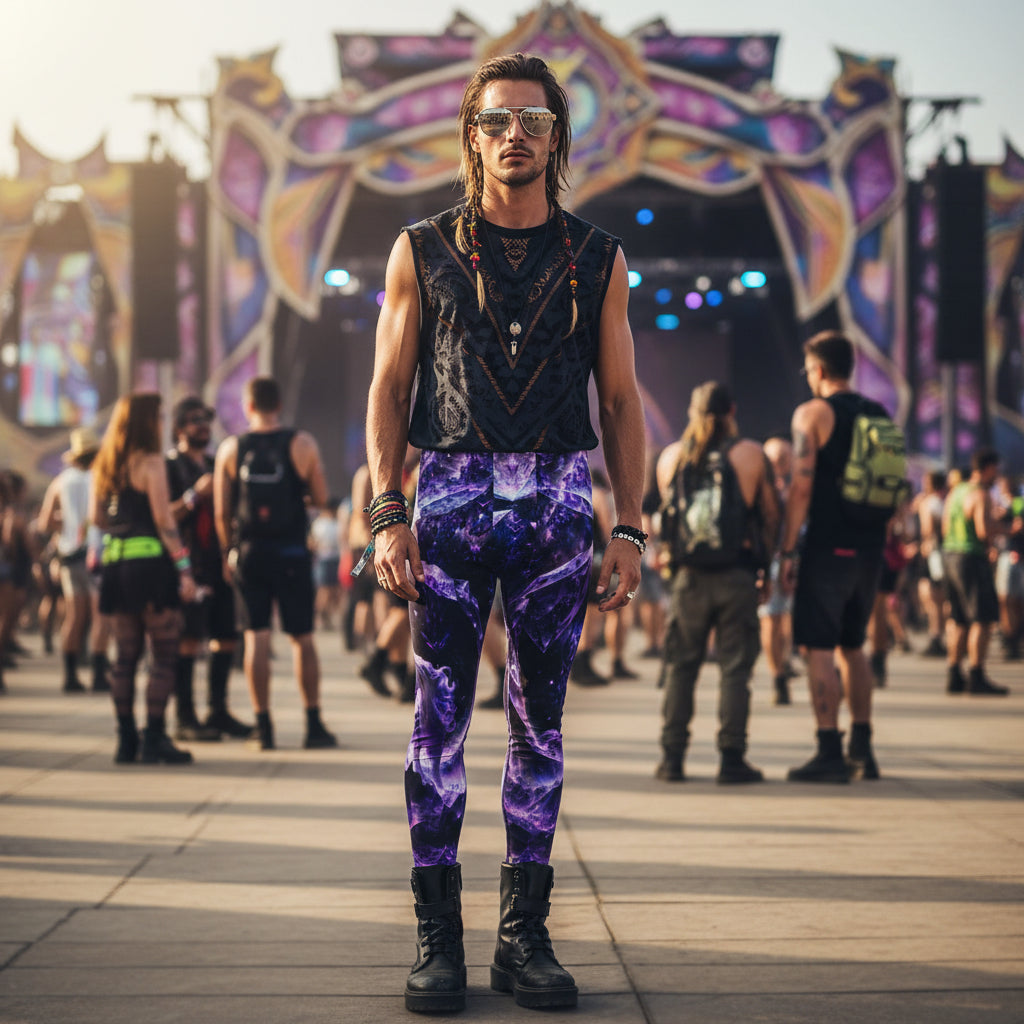 Amethyst Unicorn Men's Festival Leggings detail view with statement activewear