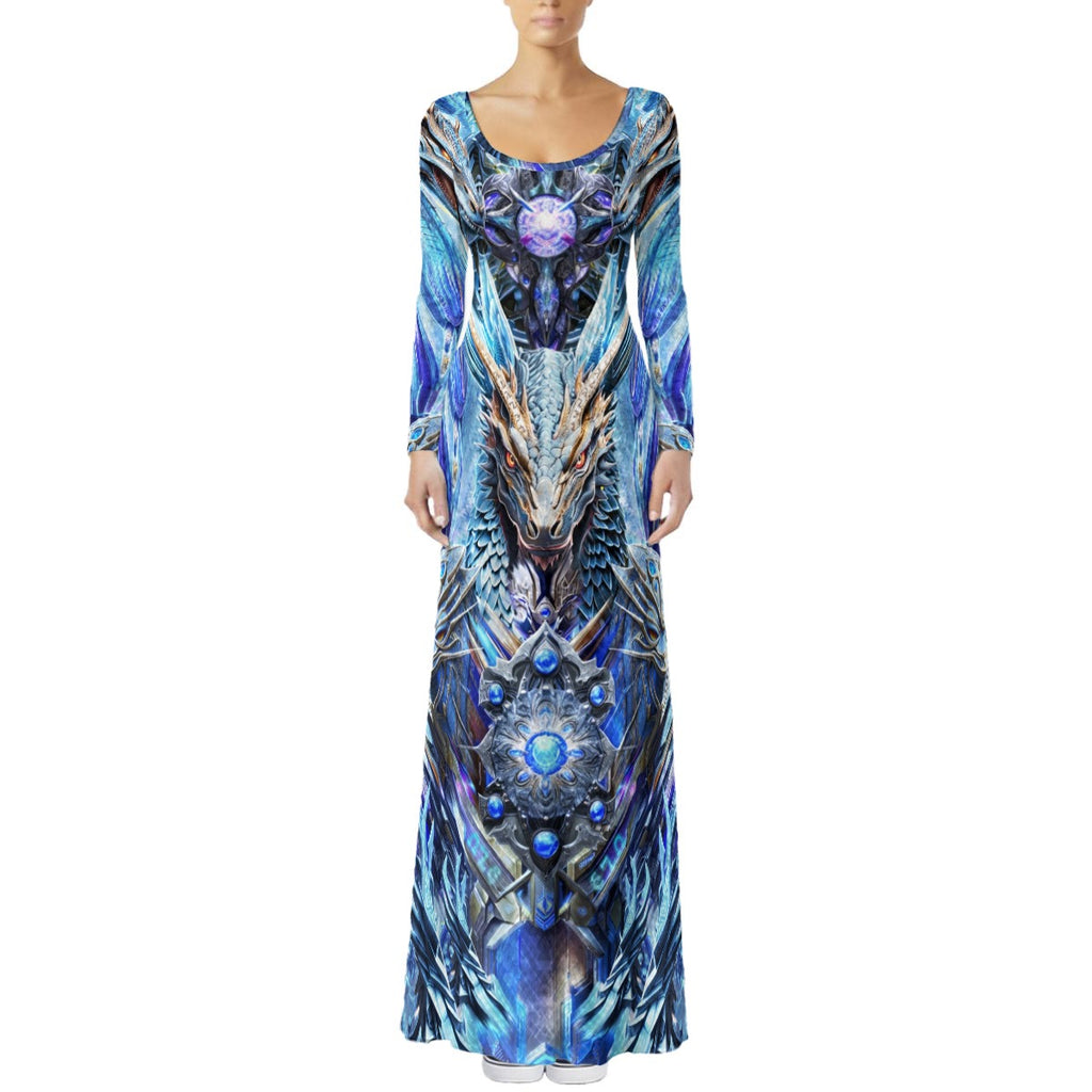 Electric Dragonscape women's crushed velvet maxi dress front view with colorful psychedelic artwork