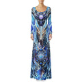 Electric Dragonscape women's crushed velvet maxi dress front view with colorful psychedelic artwork