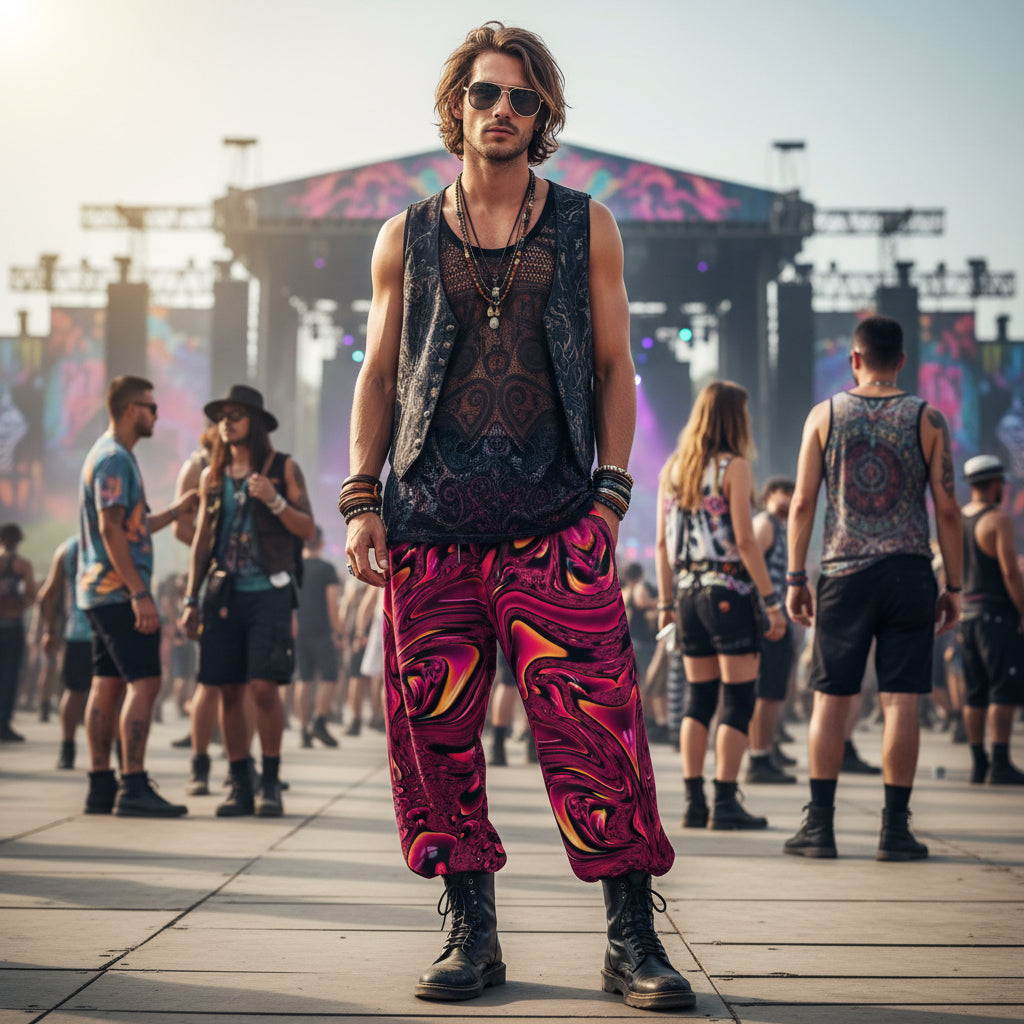 Fuchsia Swirl men's lantern pants front view with psychedelic festival print