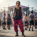 Fuchsia Swirl men's lantern pants front view with psychedelic festival print