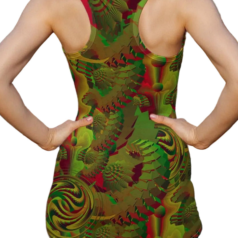 Shroom Flower of Life Green women's sheer mesh dress detail with flower of life design