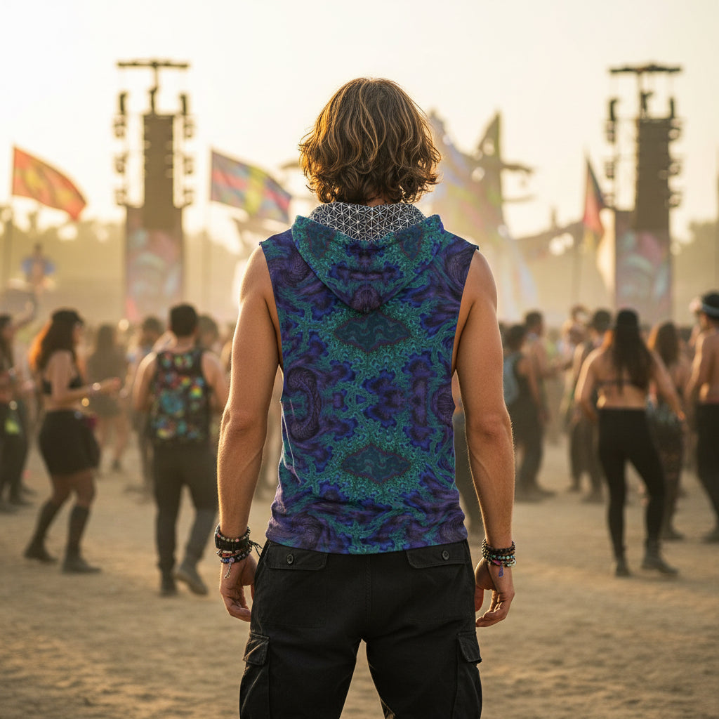 Blue Feathery Fractal Men’s Sleeveless Hoodie