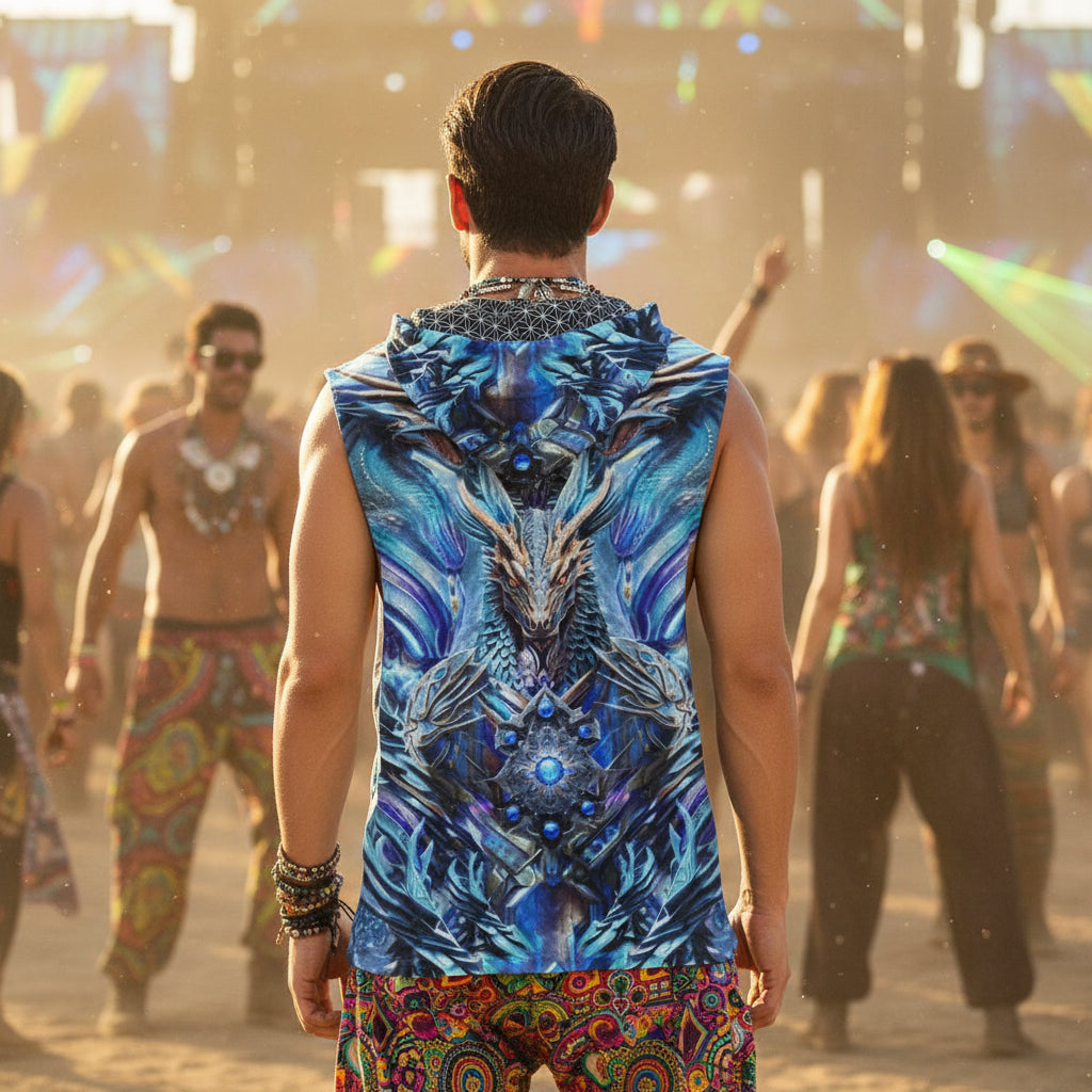 Electric Dragonscape men's hooded tank side view with vibrant visionary print