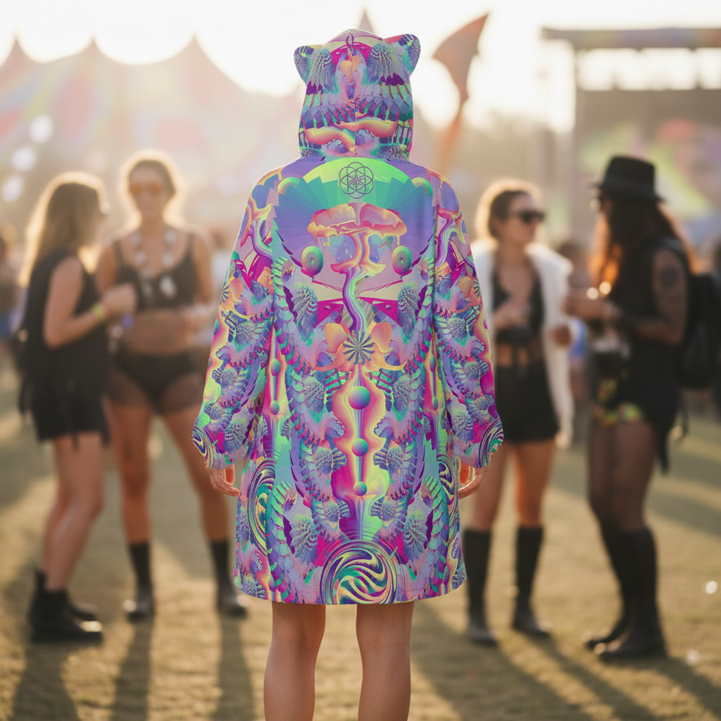 Hooded Blanket w/ Ears | Shroom Flower of Life Pastel