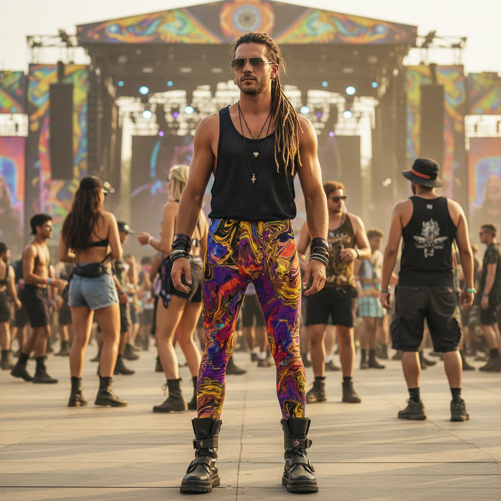 Liquid Fire Men's Festival Leggings detail view with rave culture