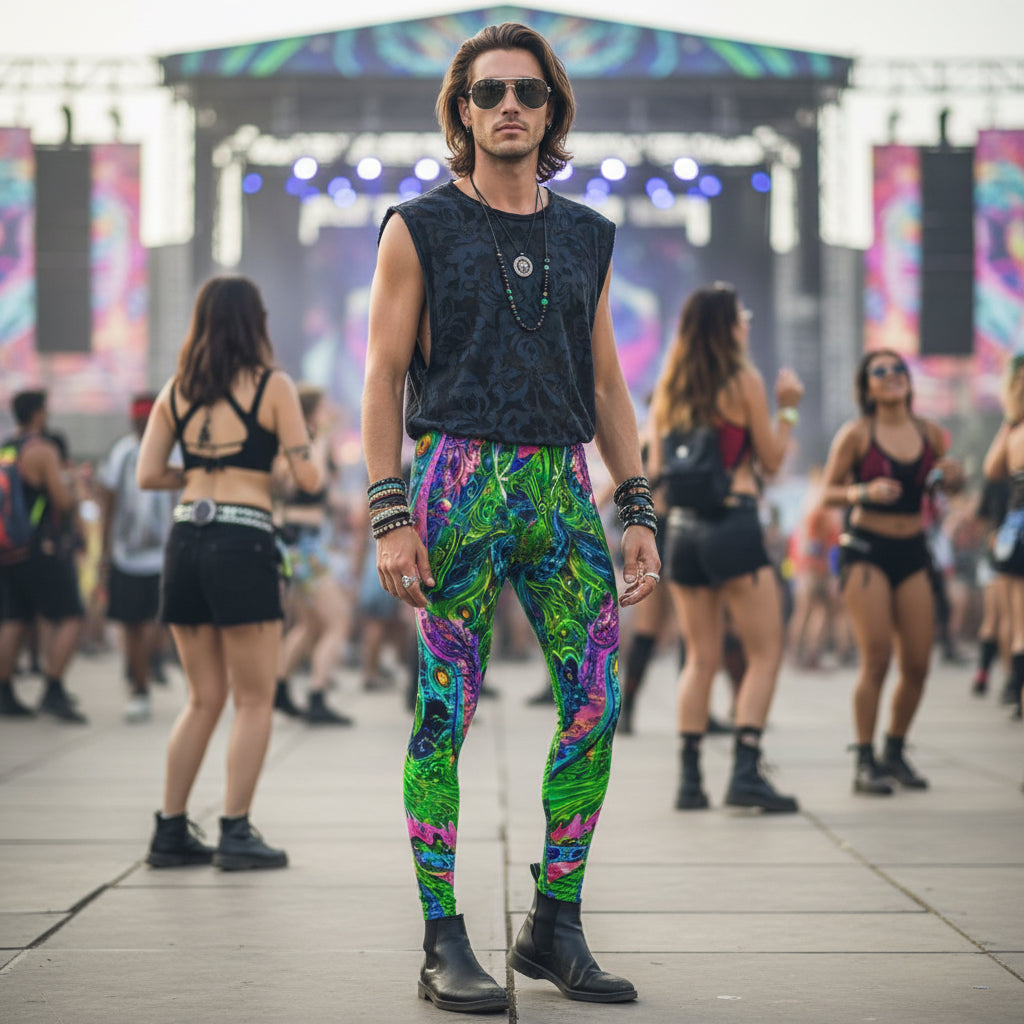 Psy Tribal Shroom Men's Festival Leggings front view with sacred geometry leggings