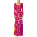 Psy Swirl Pink women's crushed velvet maxi dress front view with pink psychedelic swirl pattern