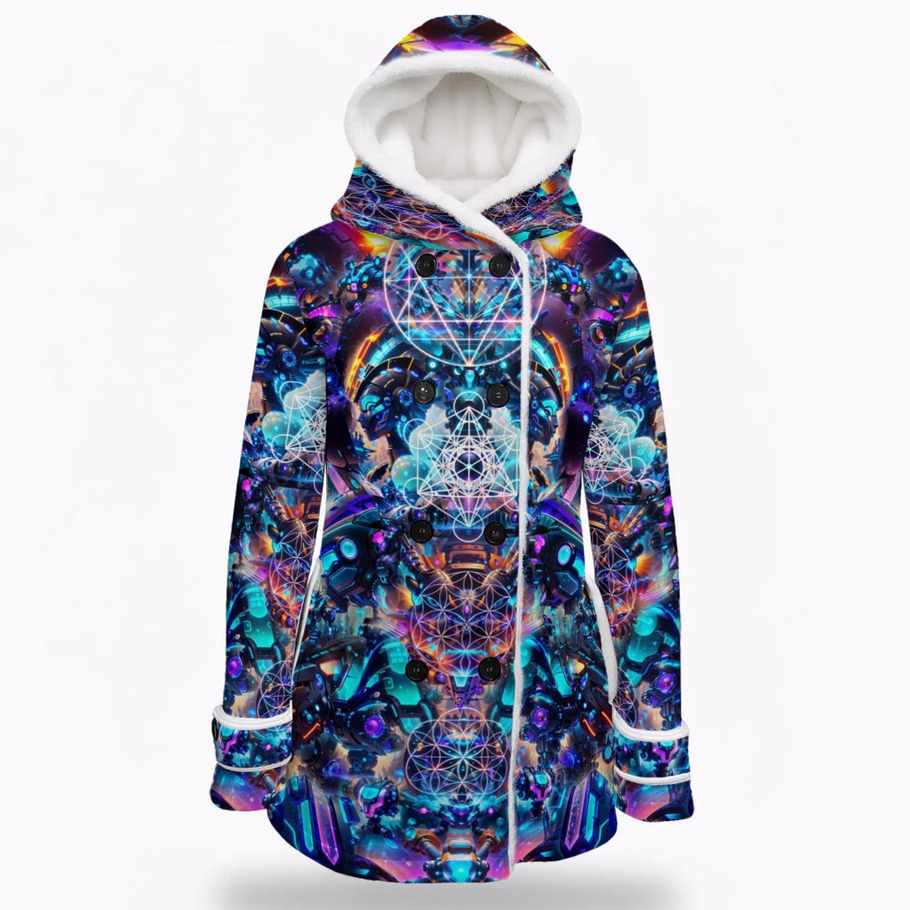 Cyber Punk Mech women's winter coat front detail with double-breasted outerwear styling