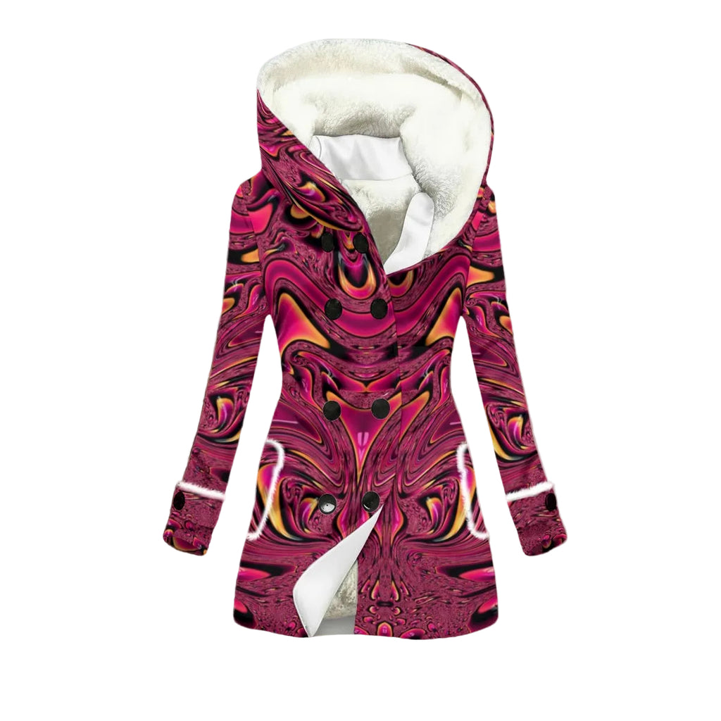 Fuchsia Swirl women's winter coat front detail with double-breasted outerwear styling